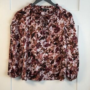 Zac & Rachel Women's Floral Shirt Top Petite Med Purple Brown White Long Sleeve